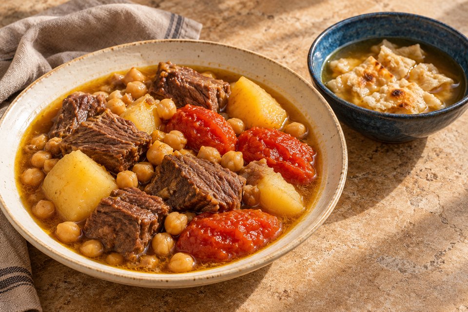 deboned beef, chickpeas, potatoes and tomatoes beside a bowl of broth-soaked flatbread