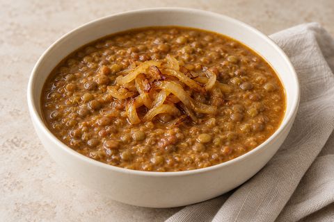 Thick whole-lentil soup topped with golden sautéed onions; AI illustration.