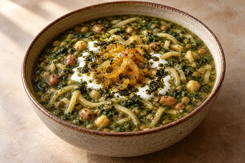 Green herb soup with flat noodles, chickpeas and pinto beans, topped with onion and yogurt; AI illustration.