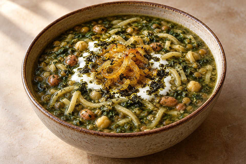 Green herb soup with flat noodles, chickpeas and pinto beans, topped with onion and yogurt