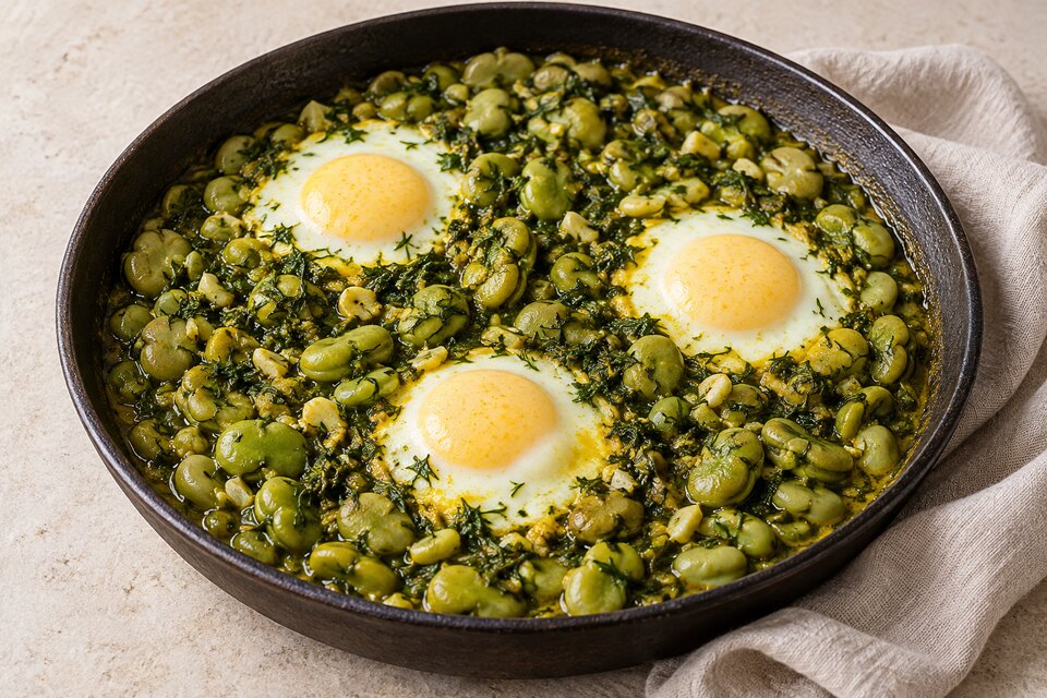 Peeled green fava beans and chopped dill in a skillet with three whole cooked eggs