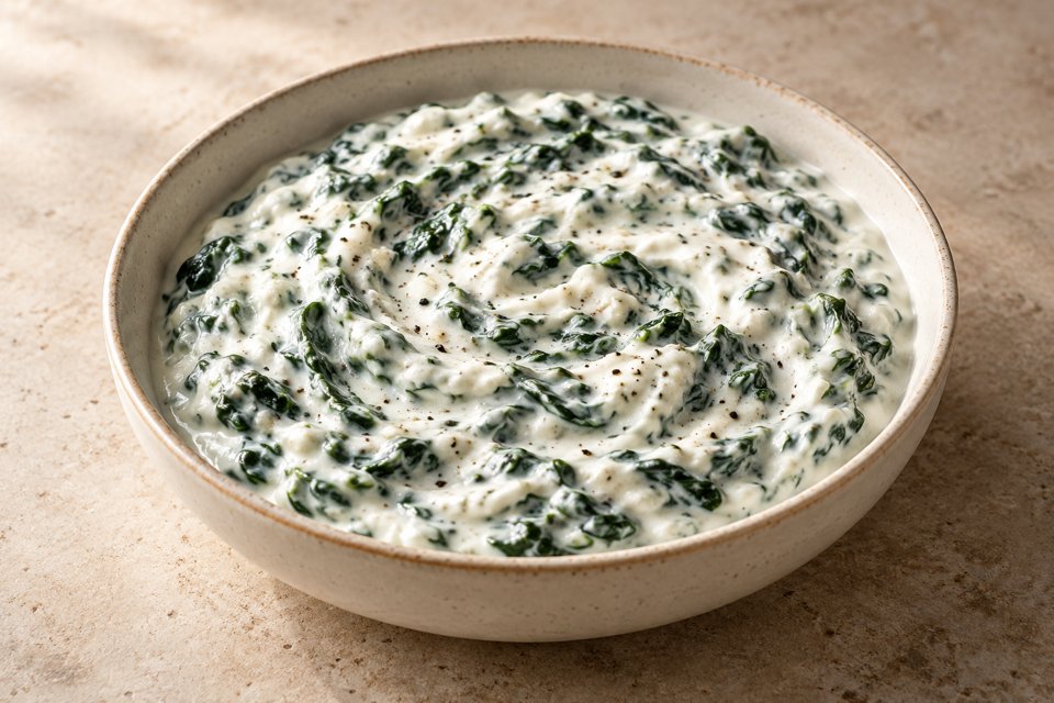 Spinach folded into thick white yogurt in a shallow bowl,