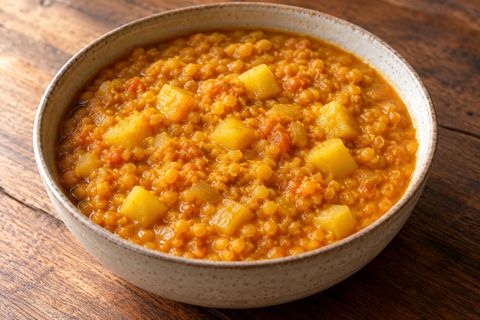 Thick golden-orange red-lentil stew with small potato cubes; AI illustration.