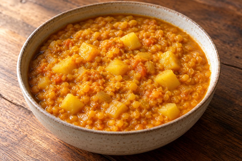 Thick golden-orange red-lentil stew with small potato cubes