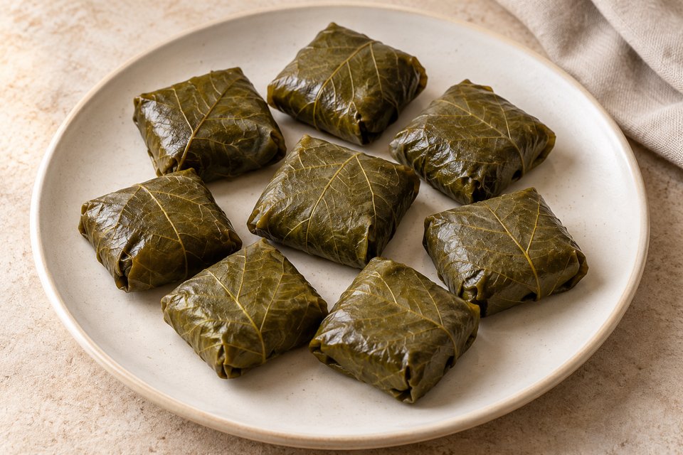 small square parcels folded from cooked grape leaves