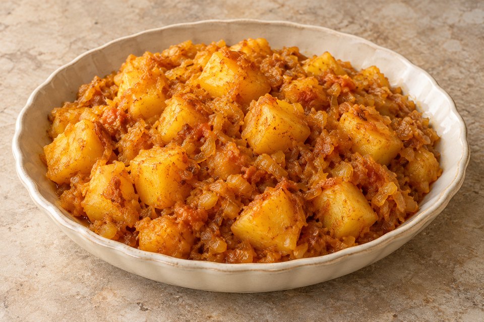 Tender potato pieces coated in golden onion, turmeric and tomato