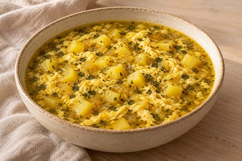 Golden potato and fenugreek soup with cooked egg ribbons; AI illustration.