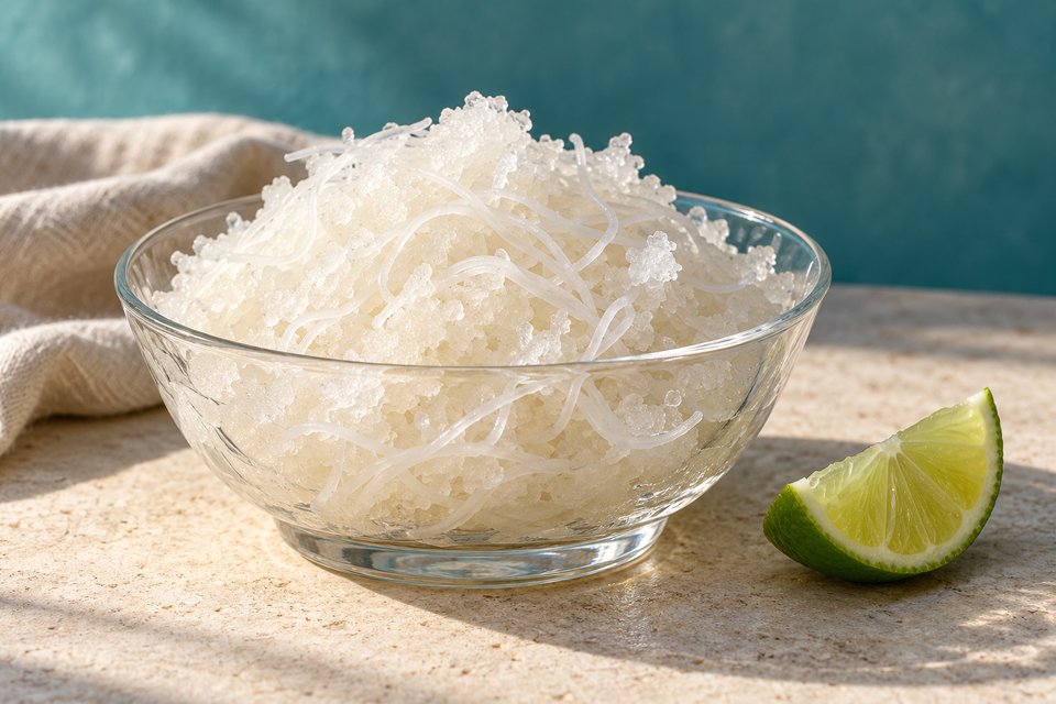 Rosewater ice crystals with fine white rice noodles and a lime wedge