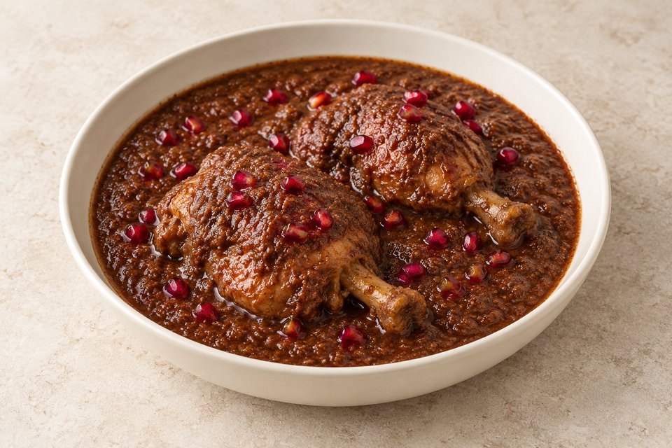 Chicken in brown walnut-pomegranate sauce with optional pomegranate arils
