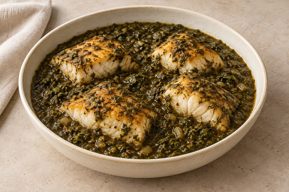 Four lightly browned white-fish portions in a dark tamarind and finely chopped herb sauce