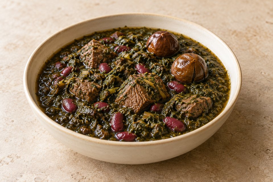 Dark green herb stew with beef, red kidney beans and whole dried limes