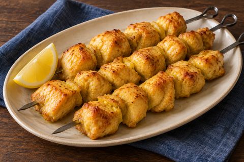 Lightly browned saffron chicken pieces on metal skewers with a lemon wedge; AI illustration.