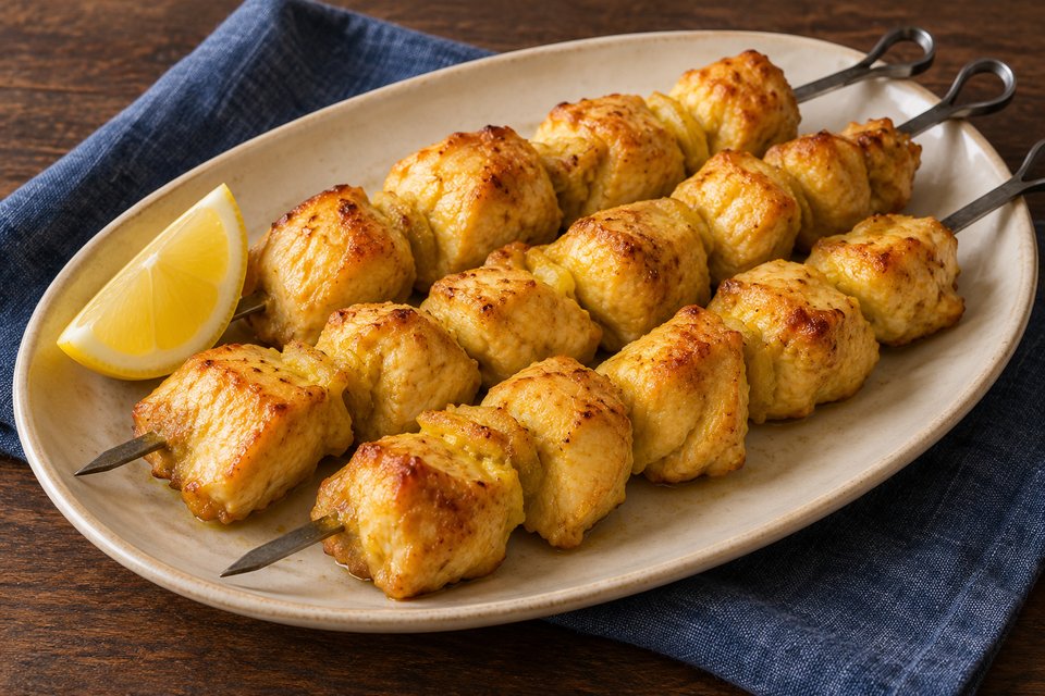 Lightly browned saffron chicken pieces on metal skewers with a lemon wedge