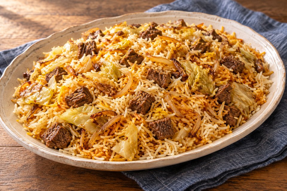 basmati rice with browned cabbage, onion and small braised beef pieces