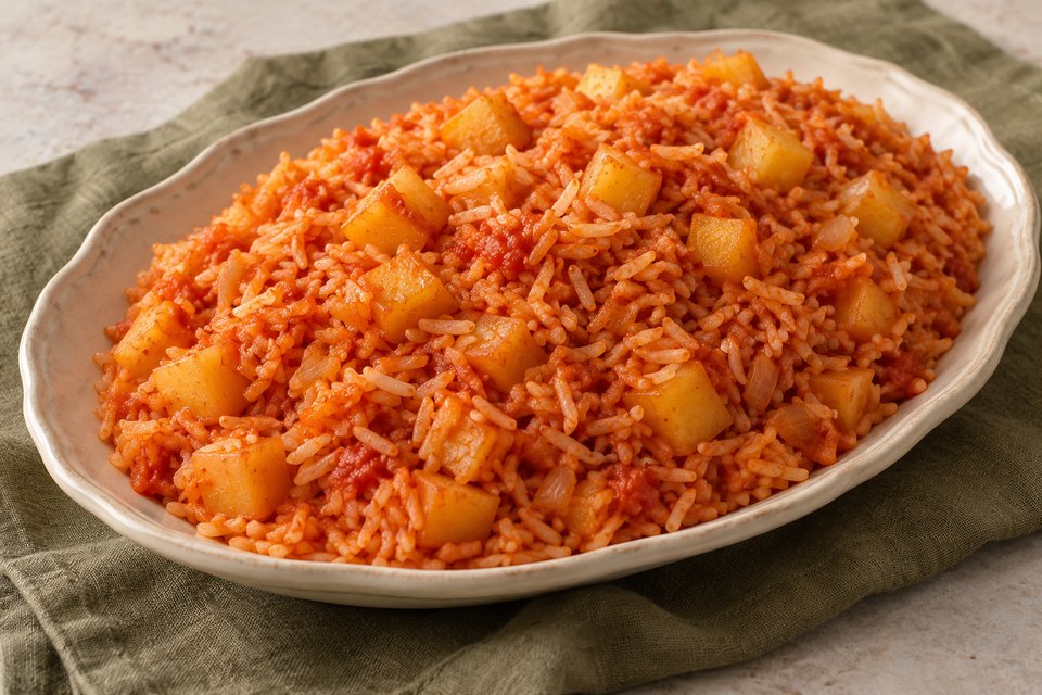 Tomato-colored rice with small potato cubes on a platter