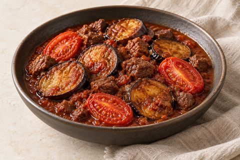 Beef and tomato stew with browned skin-on eggplant rounds and tomato halves; AI illustration.