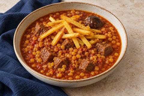 Tomato-beef stew with small yellow split peas, a dried lime and roasted potato sticks; AI illustration.