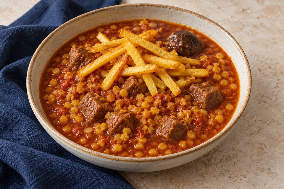 Tomato-beef stew with small yellow split peas, a dried lime and roasted potato sticks