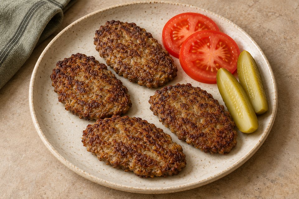 Thin browned beef-and-potato patties with tomato slices and dill pickles