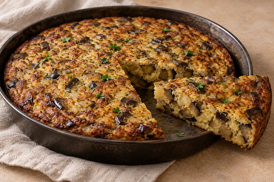 Baked eggplant kuku with a cut wedge showing cooked eggplant cubes and set egg