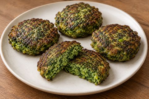 Small browned green herb-and-egg patties, one cut open, AI-generated illustration.