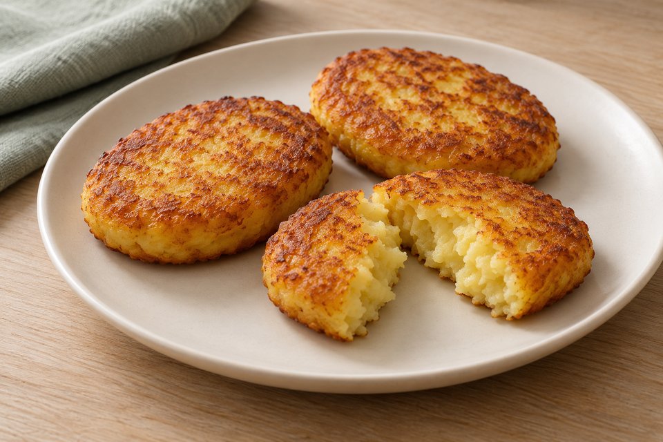 Golden potato-and-egg patties, one opened to show the mashed-potato interior