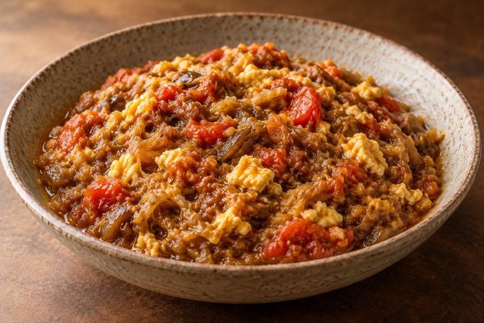 Thick roasted eggplant and tomato spread with fully set egg curds