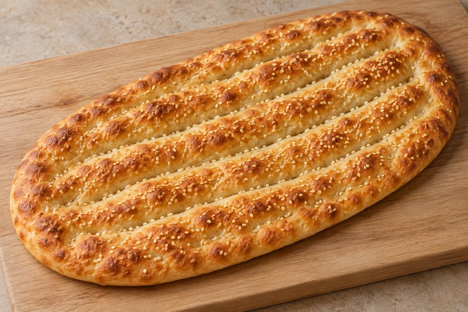 Golden oval Persian flatbread with long parallel grooves and sesame seeds