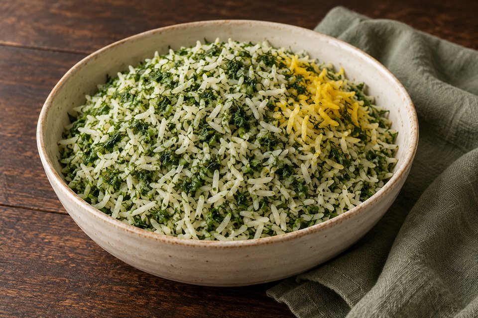 Long-grain rice mixed with chopped green herbs and a small saffron accent