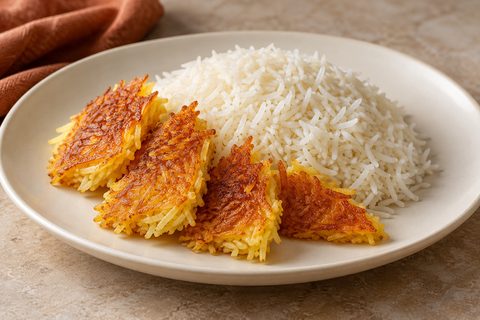 AI illustration of white basmati rice beside golden pieces of saffron rice crust.