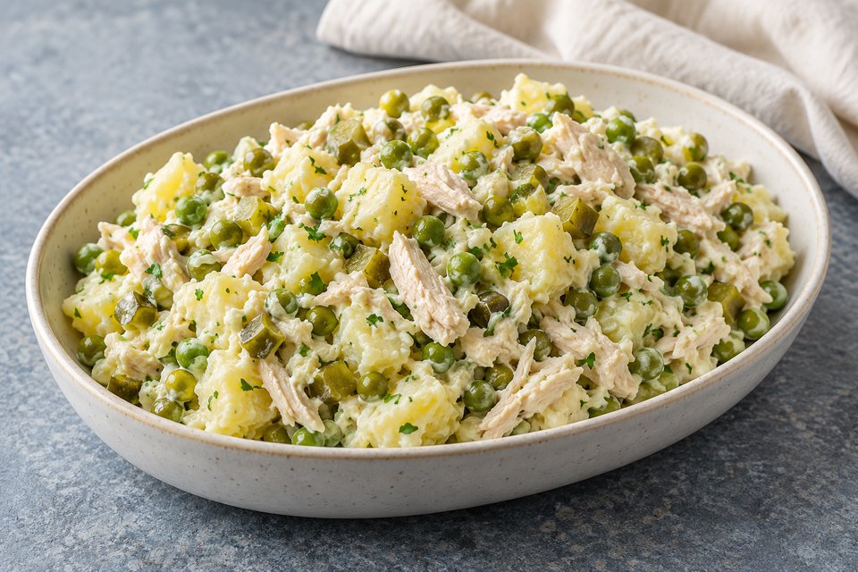 Chunky chilled chicken-potato salad with green peas and dill pickles