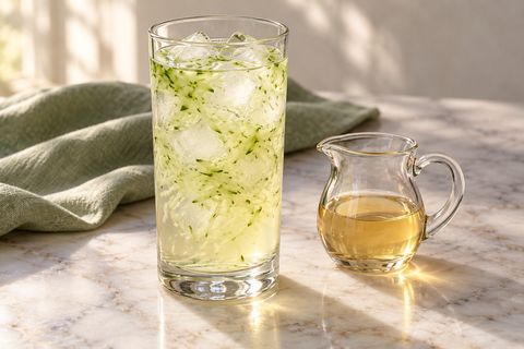 Iced cucumber sekanjabin beside a small jug of mint-vinegar syrup; AI illustration.