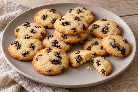Small Persian raisin cookies with pale baked centers, golden rims and dark raisins; AI illustration.