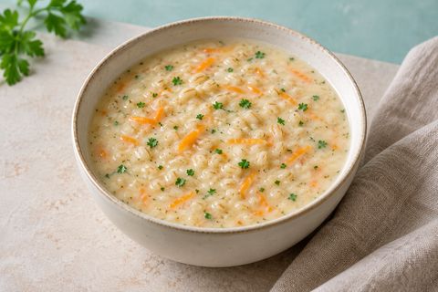 Creamy barley soup with carrot shreds and parsley in a ceramic bowl; AI illustration.