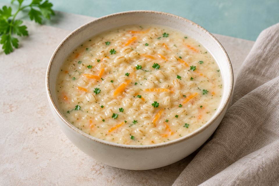 Creamy barley soup with carrot shreds and parsley in a ceramic bowl