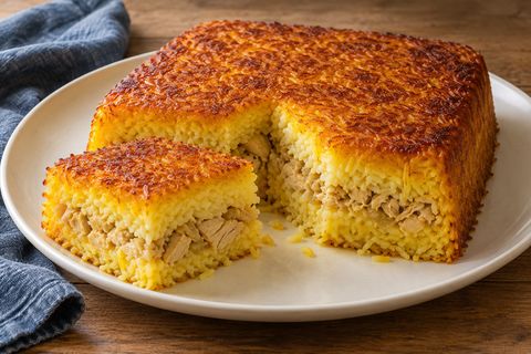 AI illustration of a golden square saffron rice cake with a cooked chicken layer.