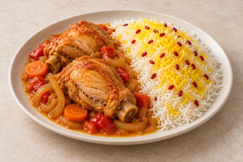 Skinless braised chicken with vegetables beside saffron-tinted rice and small red berries; AI illustration.
