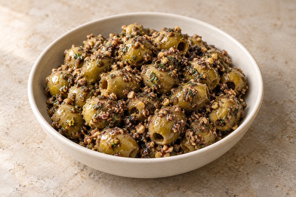 Green olives coated in coarse walnut, herb and pomegranate dressing
